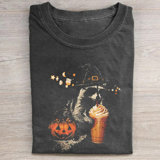 Halloween Raccoon Drinking Pumpkin Spice T-shirt