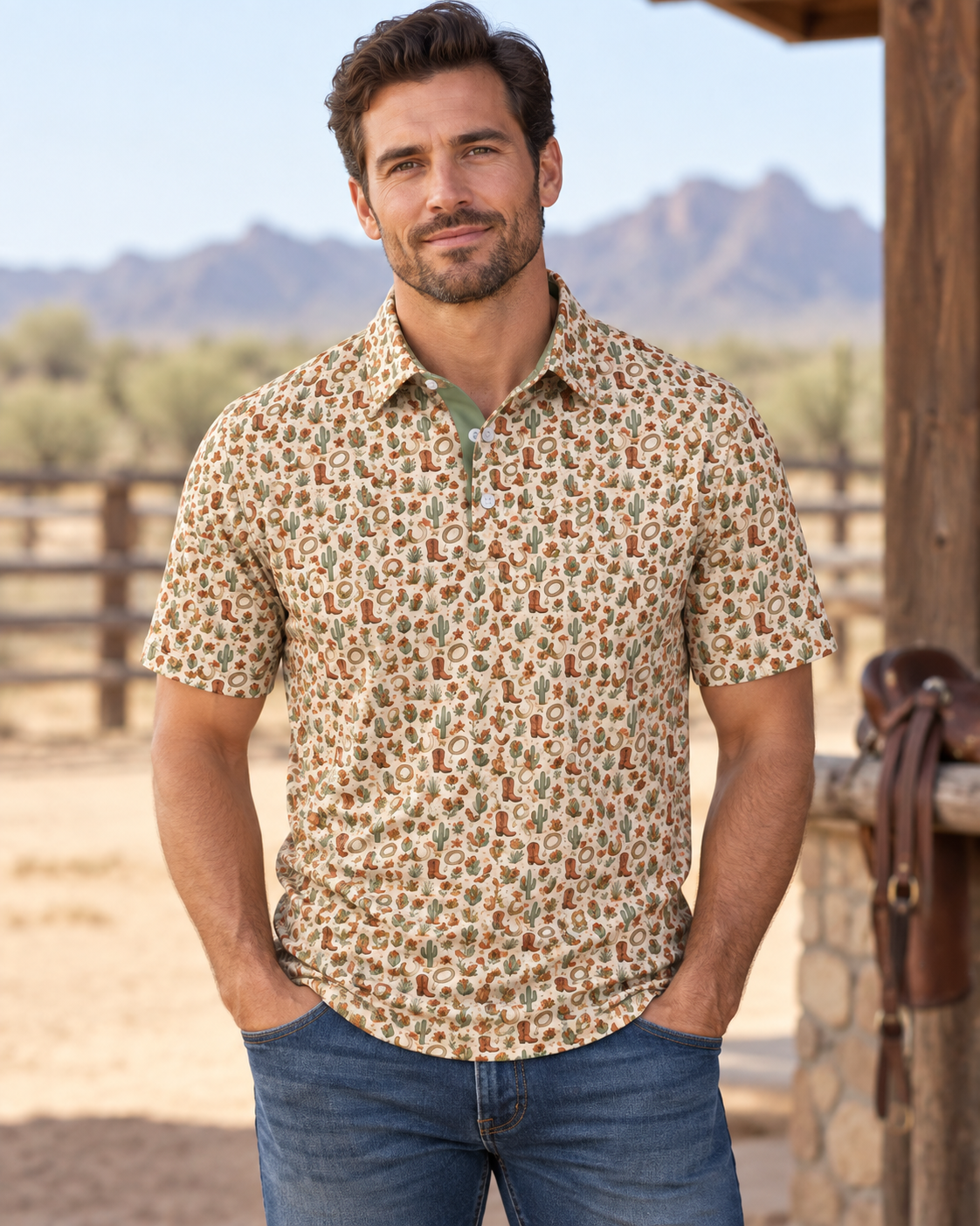 Desert Bloom Western Print Polo Shirt